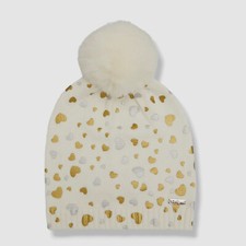  42 Bari Lynn Kid's Girl's Ivory Silver And Gold Hearts Pom Pom Faux Fur Hat OS