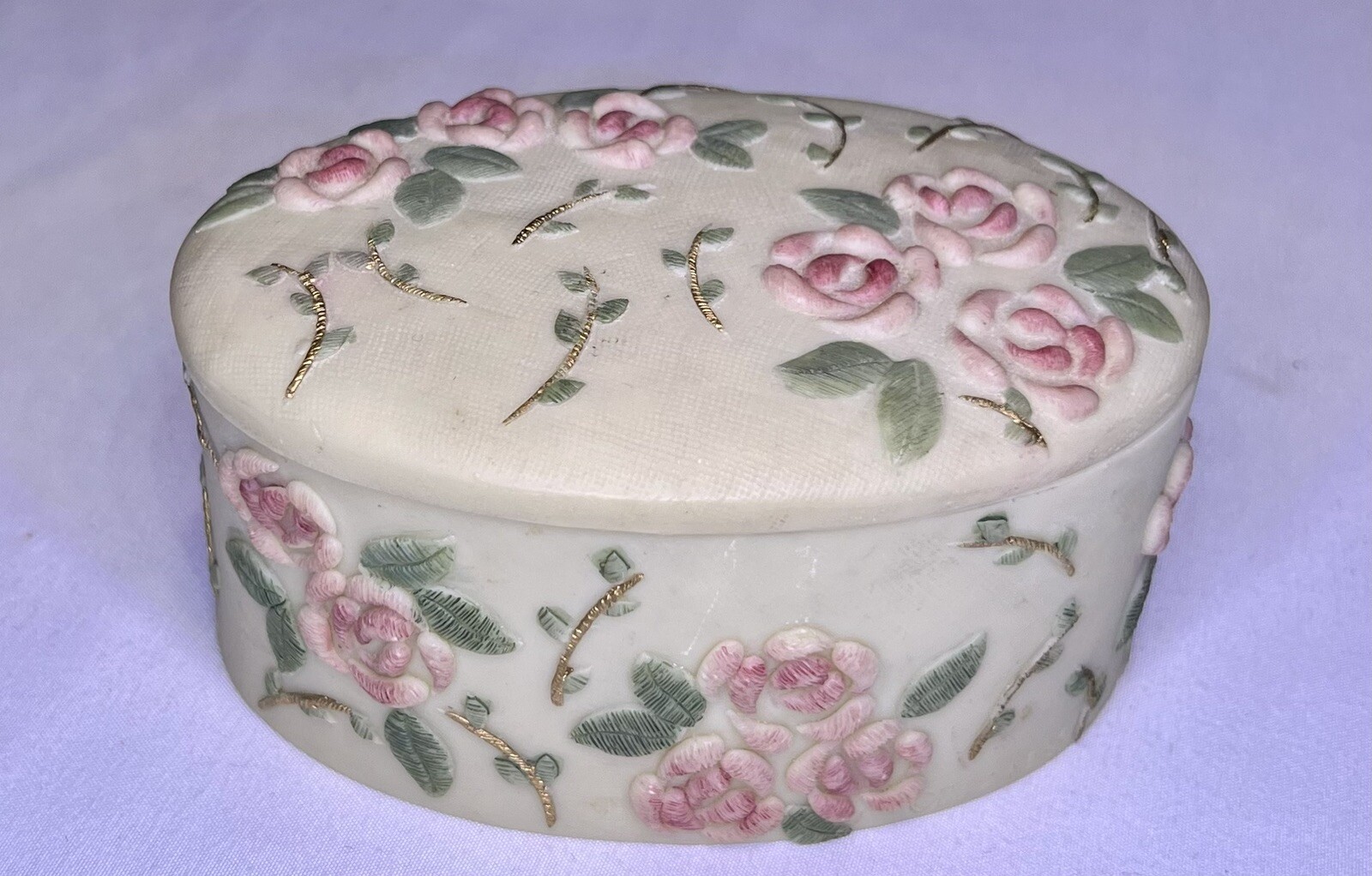 Dezine Oval Egg Hand Painted Pink Roses Trinket Box #8250