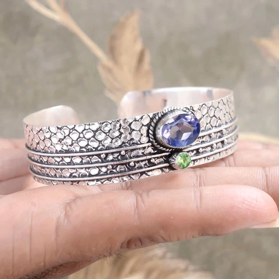 Purple Amethyst, Peridot Cut Bracelet 925 Sterling Silver Cuff Festival Jewelry - Image 4 of 4