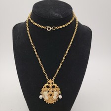 Vintage Double Crested Caemo Pendant Necklace with Pearls 24"