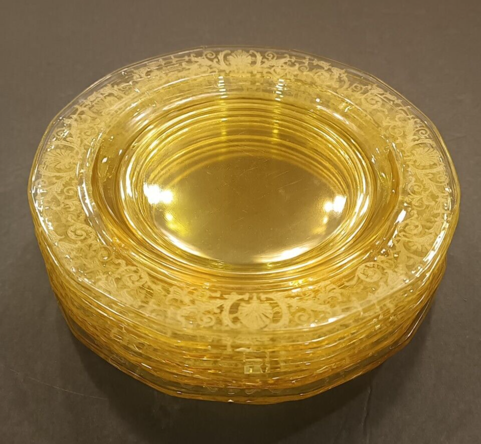 Fostoria Versailles Etched Yellow Glass Salad Plates Excellent 8 Plates