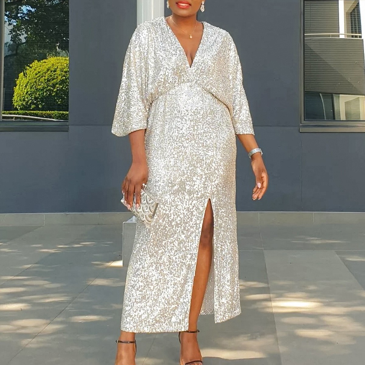 sequin midi bodycon dress Plunging V-Neck Long Sleeve Sequin Bodycon Midi Dress GM01075