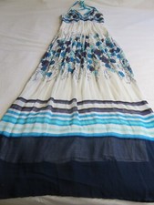 DEBENHAMS BLUE & WHITE GRECIAN VIBE MAXI HALTER NECK SLEEVELESS SUN DRESS UK 10