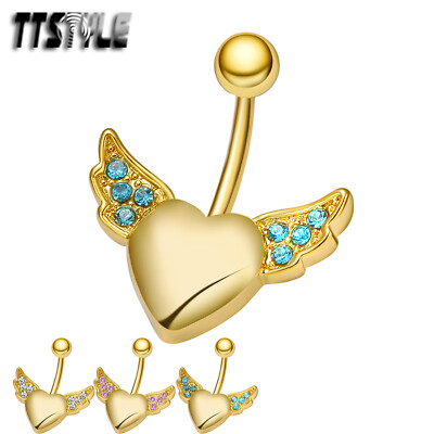 TTStyle 14K Gold GP Crystal Angel Wing Heart Belly Bar Ring 3 Colors 