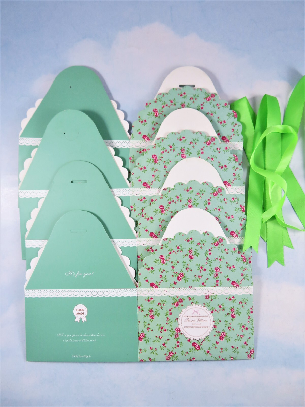 Es Green Flower Pattern W Ribbons Lot Of 4 For Handmade Goods