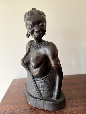 Vintage Circa 1950s Solid Ebony Wood Carved Woman s Statue Bust -12  Tall