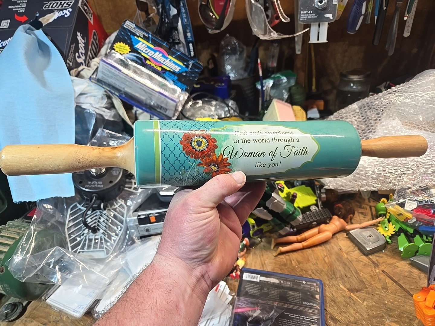 Abbey Press 20” Green Ceramic Rolling Pin w/ Wooden Handles "Woman Of Faith" EUC