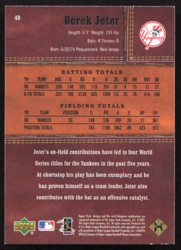 2001 Upper Deck Gold Glove #40 Derek Jeter New York Yankees HOF - Image 2 of 2