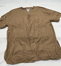 Silk Sostanza Shirt Women’s Brown Short Sleeve Button Up Casual Comfy Large