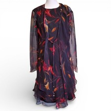 Vintage 90s Navy Blue Red Floral Flowy Knee Length Dress Cover Up Set Whimsigoth