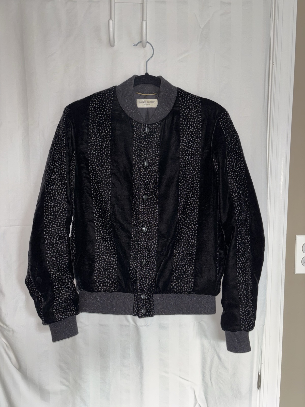 Giacca Bomber Saint Laurent Logo Donna NERO Velluto Ricamato Cristallo Piccolo