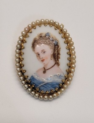 Limoges France Porcelain Pearl Brooch Pin Pendant Lady Portrait Miniature Blue 