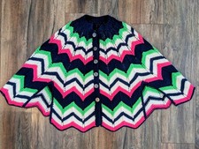 VTG 1960-70's Hand Crafted Poncho Sweater Chevron Pattern W/ Buttons Boho Retro