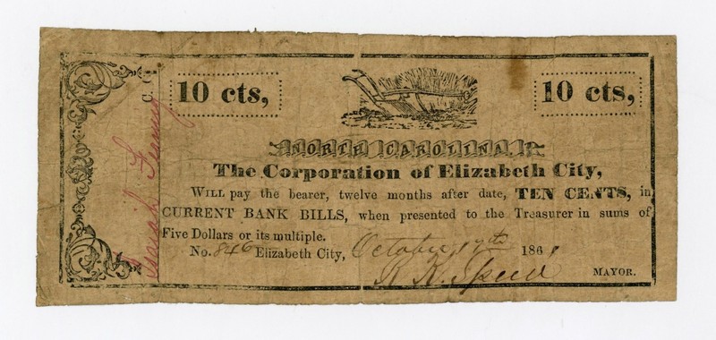 1861 10c The Corporation of Elizabeth City - NORTH CAROLINA Note CIVIL WAR Era