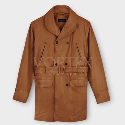 Men's Belted Style Brown Leather Dress Coat  Genuine Soft Lambskin Leather Coat