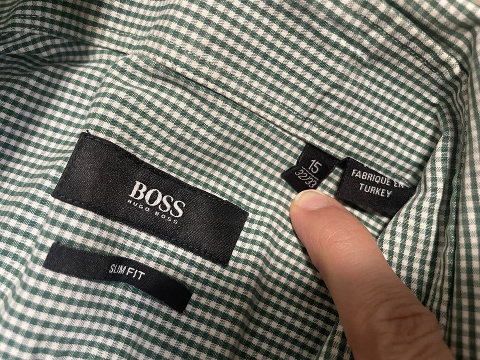 Camisa BOSS Hugo Boss Para Hombre Talla 15 32 Calce Ajustado Cuadros Abotonada Manga Larga Verde Foto 3 de 4