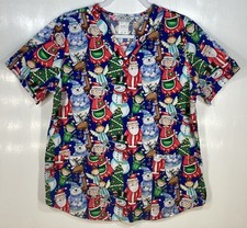 Christmas Scrub Top womens size M Medium Holiday Santa Mrs Angels Elf Polar Bear