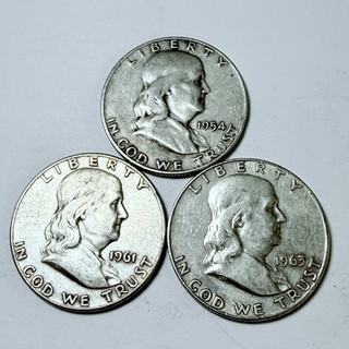FRANKLIN SILVER HALF DOLLARS LOT OF 3 90% SILVER CIRCULATED COINS #9154