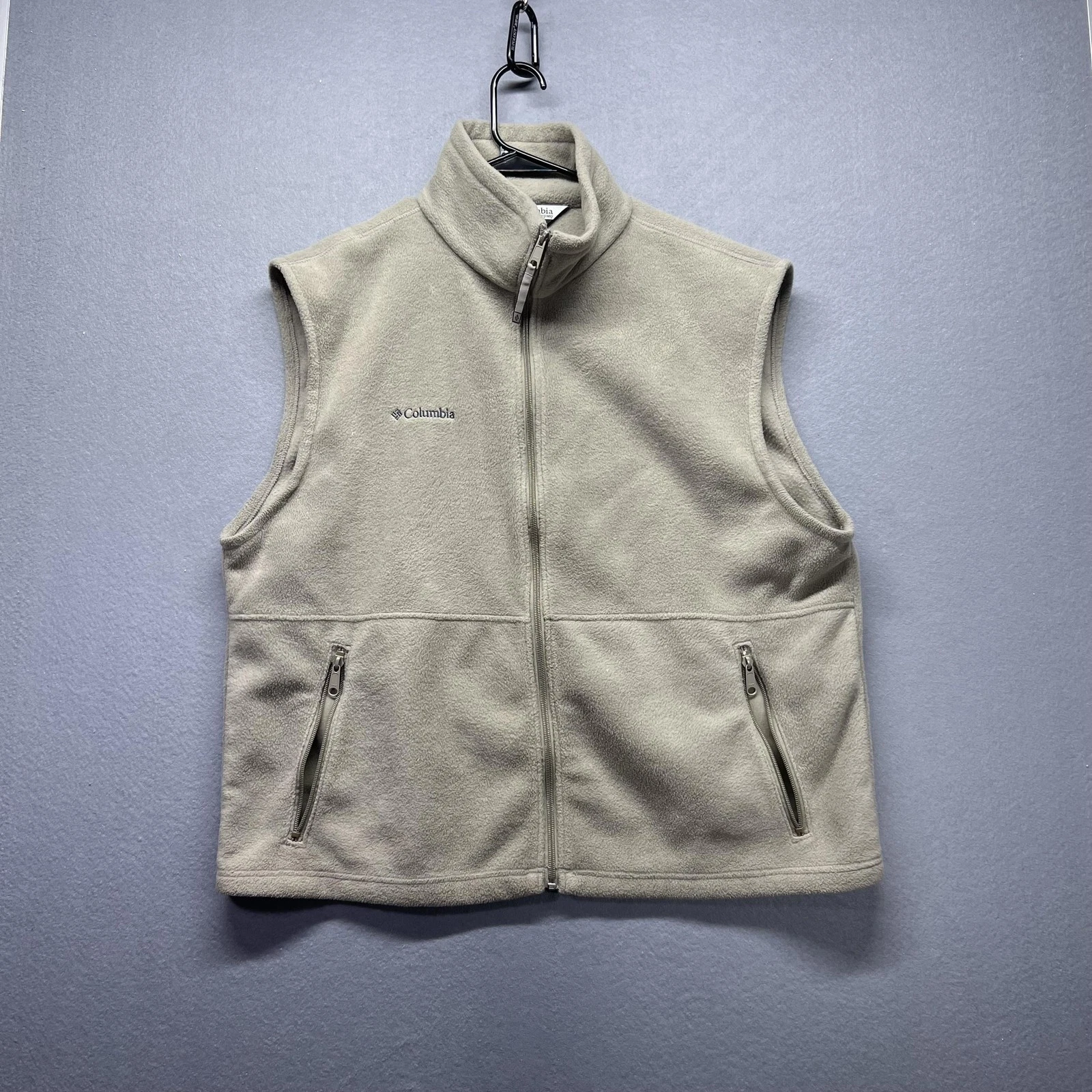 Columbia Vest Mens XL Beige Fleece Full Zip Pockets Outdoor Hiking Warm