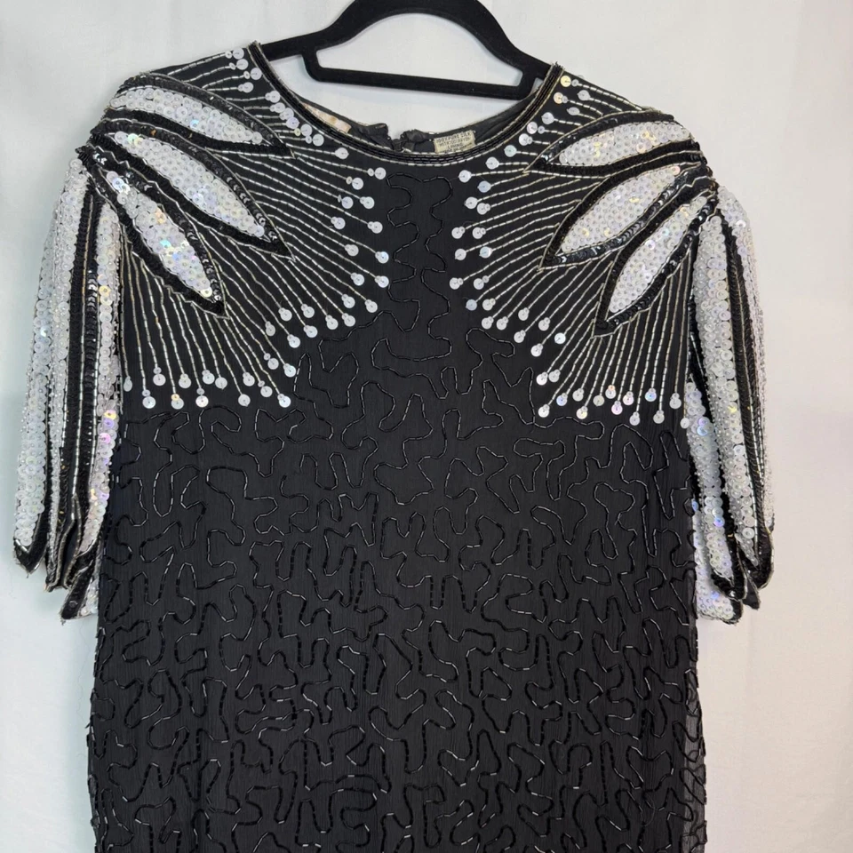 Vestido de Noche Laurence Kazar Talla 1X Cuentas Lentejuelas Vieiras Negro Seda De Colección Foto 3 de 4