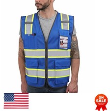 Safety Vest Large Blue Mesh Reflective Tape Pockets Zipper ANSI Compliant For