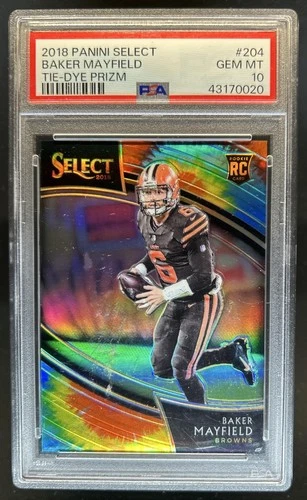 2018 Panini Select Baker Mayfield RC Tie Dye Prizm Field Level #/25 PSA 10