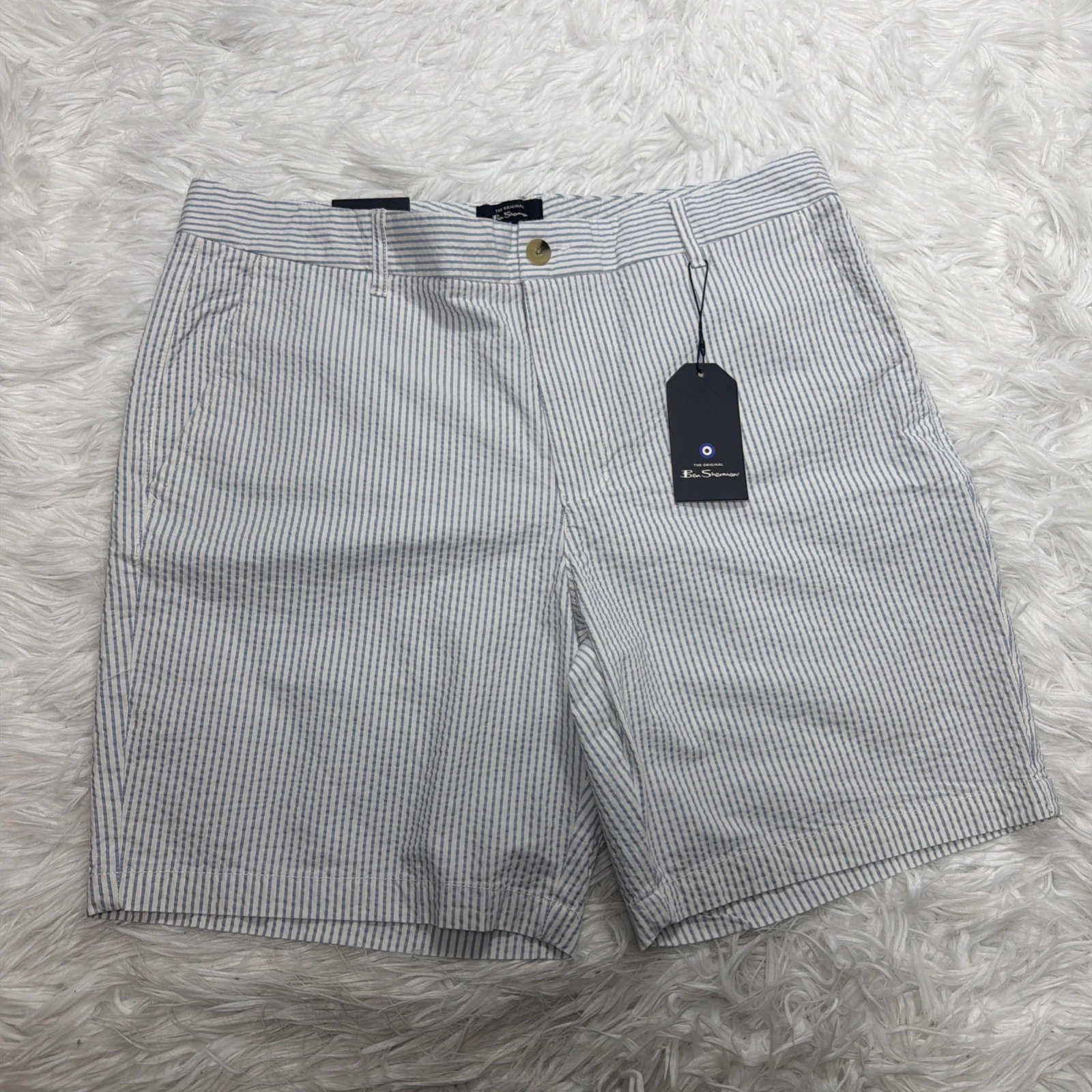 Ben Sherman Seersucker Shorts Mens 34 Blue White Vert Striped Classic 8” New!