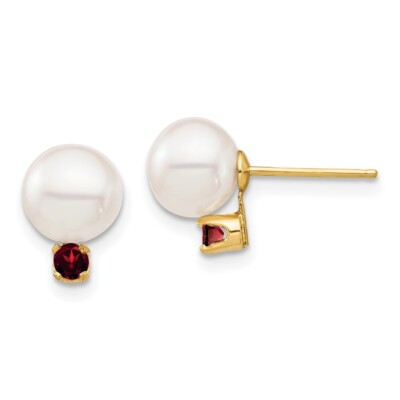 9.66mm 14k Gold 7-7.5mm White Round Freshwater Cultured Pearl Garnet Earrings