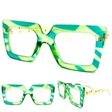 Women's Oversized Retro Clear Lens EYE GLASSES Large Green & Gold Optical Frame