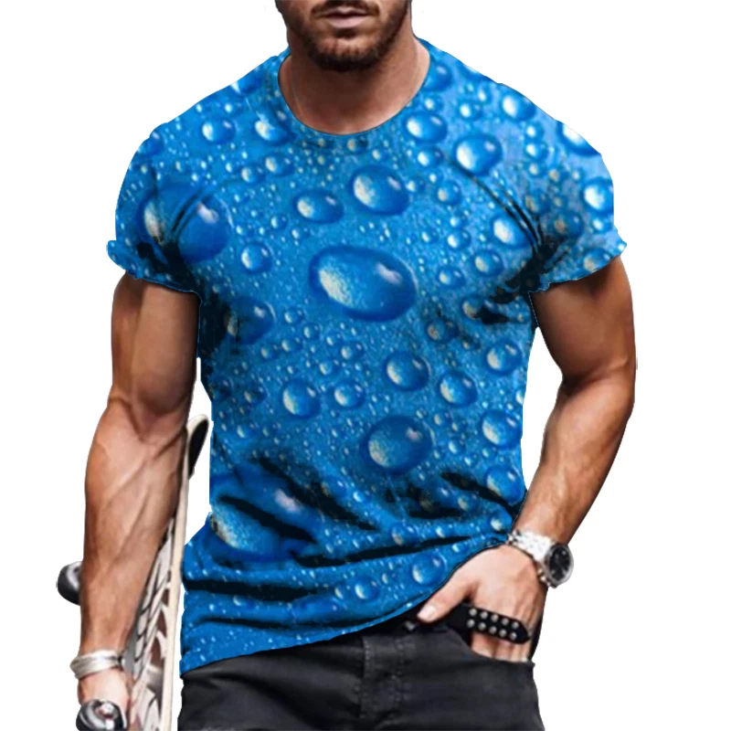 Men T-Shirt Fashion 3D Blue Water Drops Graphic T Shirt Short Sleeve Party Silky