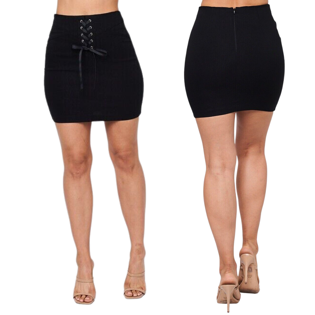 Michel Womens High Waist Corset Look Lace Up Mini Skirt Black New