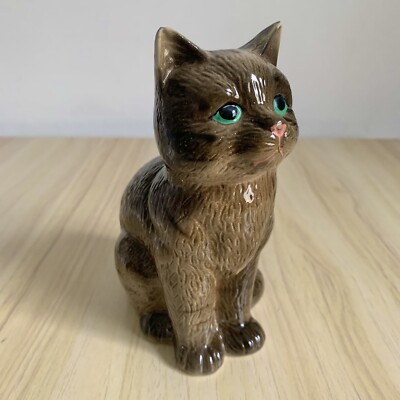 Vintage braunes Katzenornament grüne Augen Keramik 90er 00er Kitsch Figur
