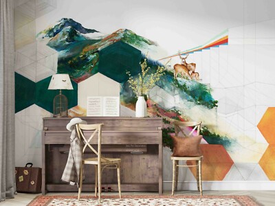 3D Geometric Landscape Elk Wallpaper Wall Mural Removable Self-adhesive 101