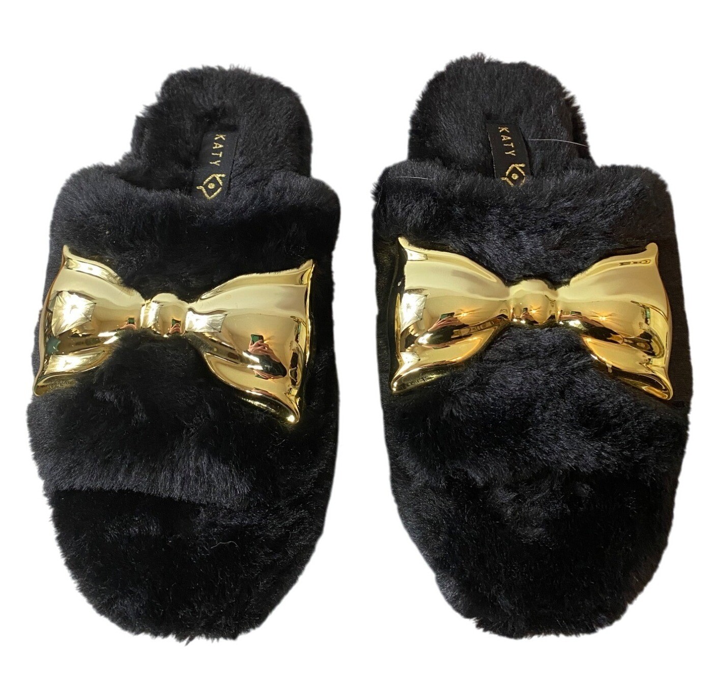 PANTOFOLA D’ORO Katy Perry ciabatte nere in pelliccia sintetica con fiocco oro comode slip on taglia 6