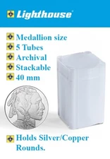 5 Square Coin Tubes Medallion Size 40mm Holds Silver / Copper Rounds Lighthouse