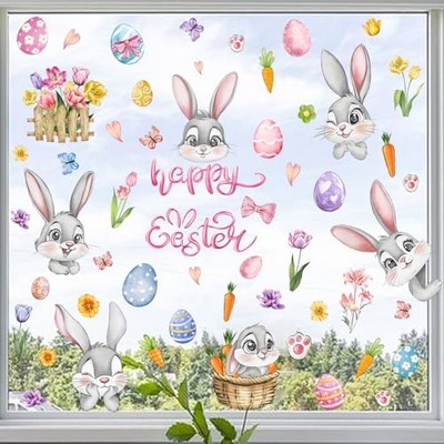 Easter Window Clings Easter Decorations Cute Gray Bunny Eggs Wall Easter1