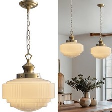 Vintage Milk Glass Pendant Light 13.8 Brass Color Ceiling Light Fixture Ad...