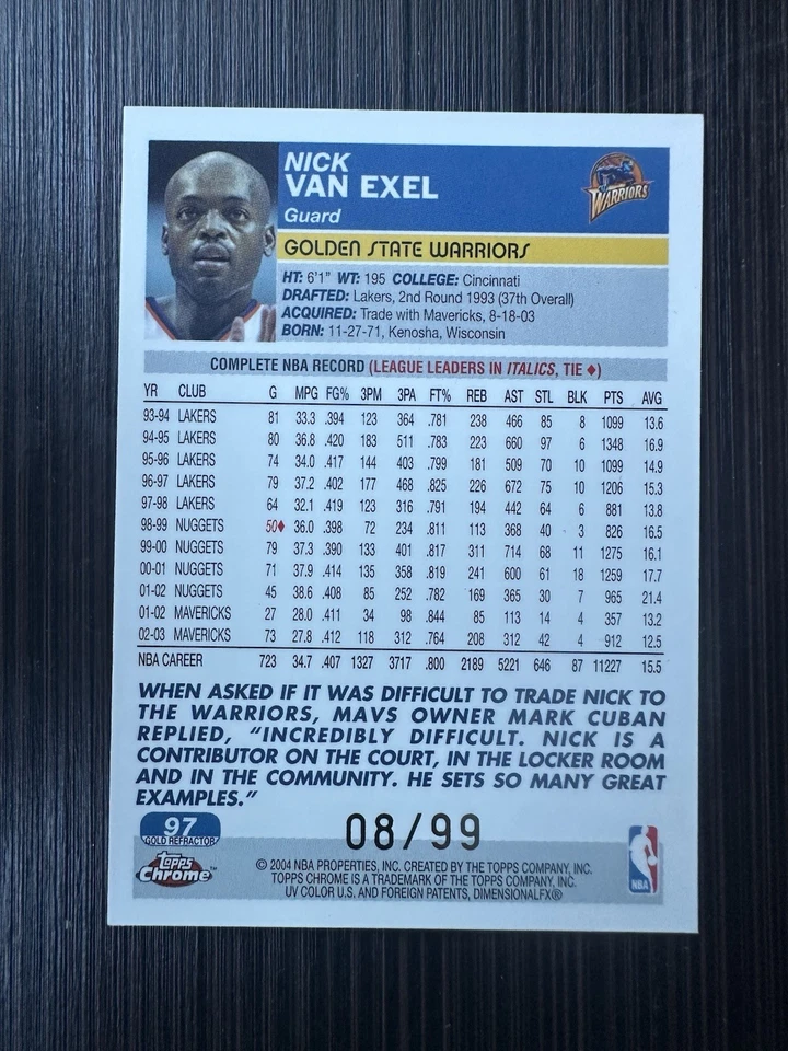 NICK VAN EXEL 2003-04 TOPPS CHROME GOLD REFRACTOR #97 08/99 WARRIORS - Image 2 of 2