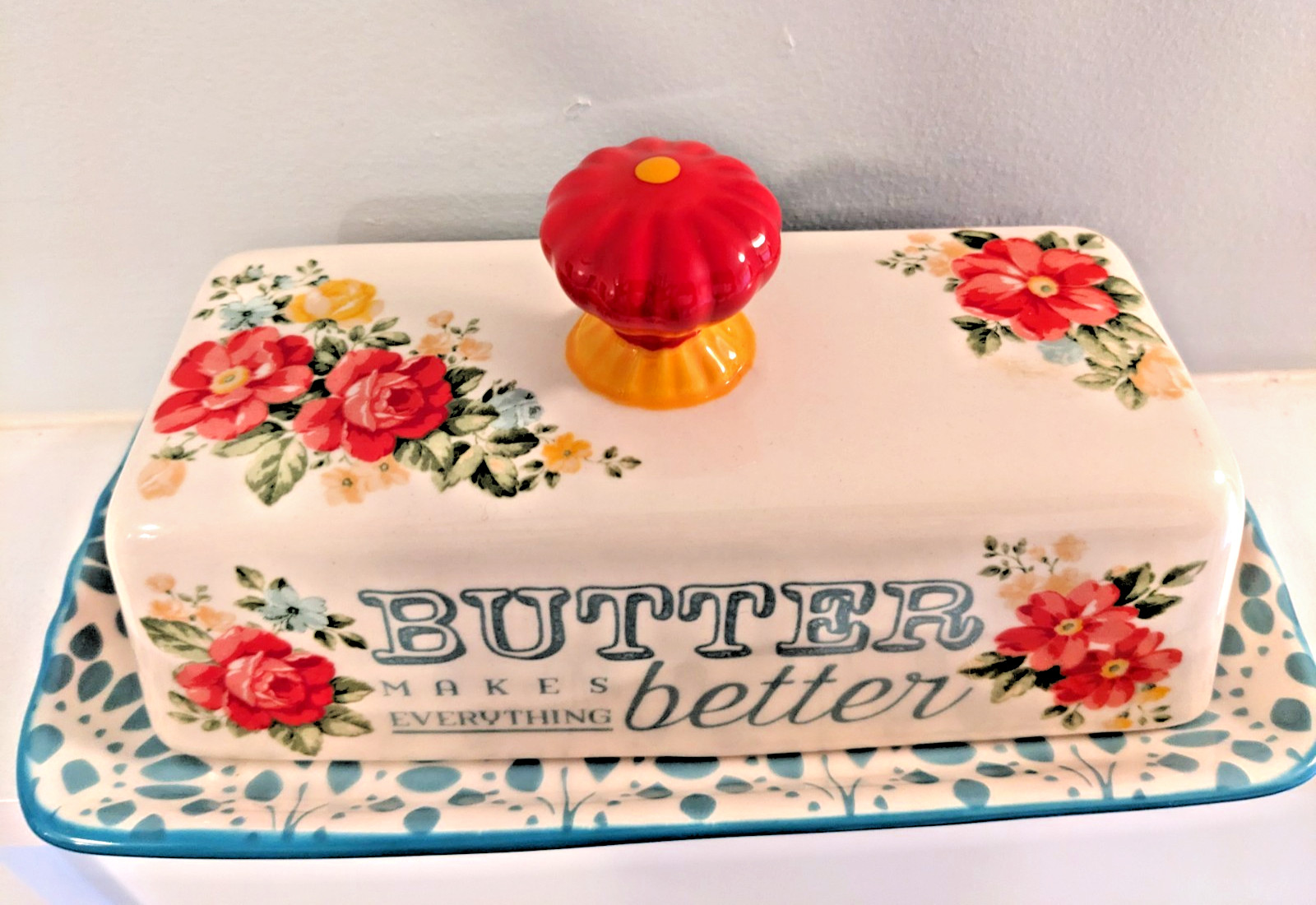 Pioneer Woman Vintage Floral Butter Dish 'Butter Makes Everything Better'
