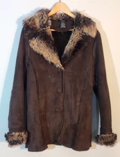 EIVISSA Jacket Buttons Brown Faux Suede Lining Cuff Collar Faux Fur Accent Sz L