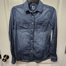WOMENS JCP BLUE LONG-SLEEVE BUTTON DOWN SHIRT SIZE PETITE SMALL