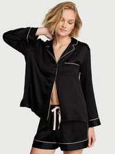 Victoria's Secret Signature Satin Long-Sleeve Short Pajama Set, Black  Angel Pi