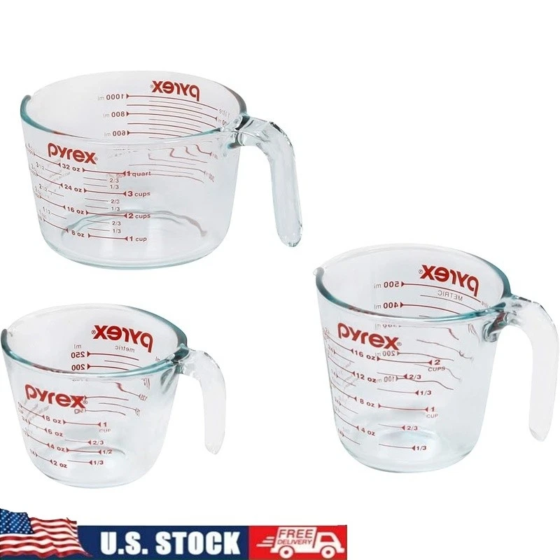 3 Piece Glass Measuring Cup Set Easy Grip Microwave Safe Non Mess Pouring New