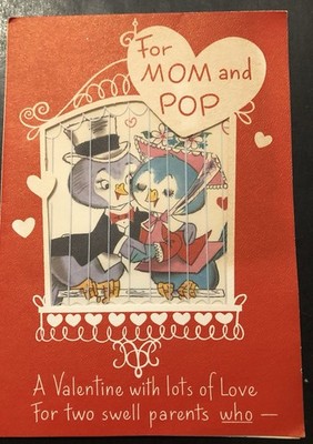 Vtg Valentine DieCut Card CUTE Birds In Peek-Thru Cage LOVEBIRDS For Mom & Pop