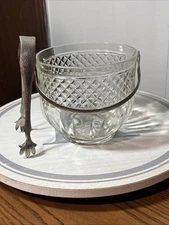 Vintage MCM PRESSED Glass Ice Bucket With Hammered Metal Handle & Tongs Bar Ware