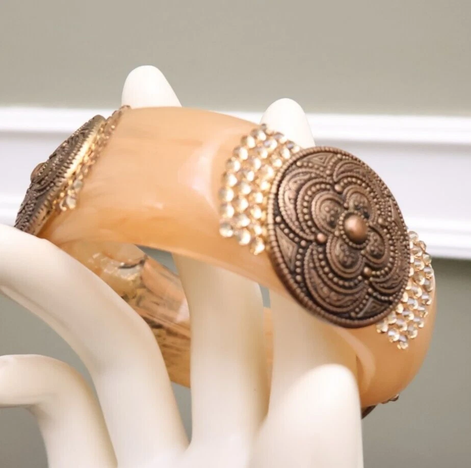 Tarina Tarantino bracelet beige Lucite bangle w/ medallions bronze tone - Image 4 of 4