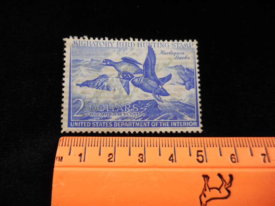 US Federal Duck Hunting Stamp 1952 1953 $2 Harlequin Blue Signed Migratory Bird - Image 4 of 4