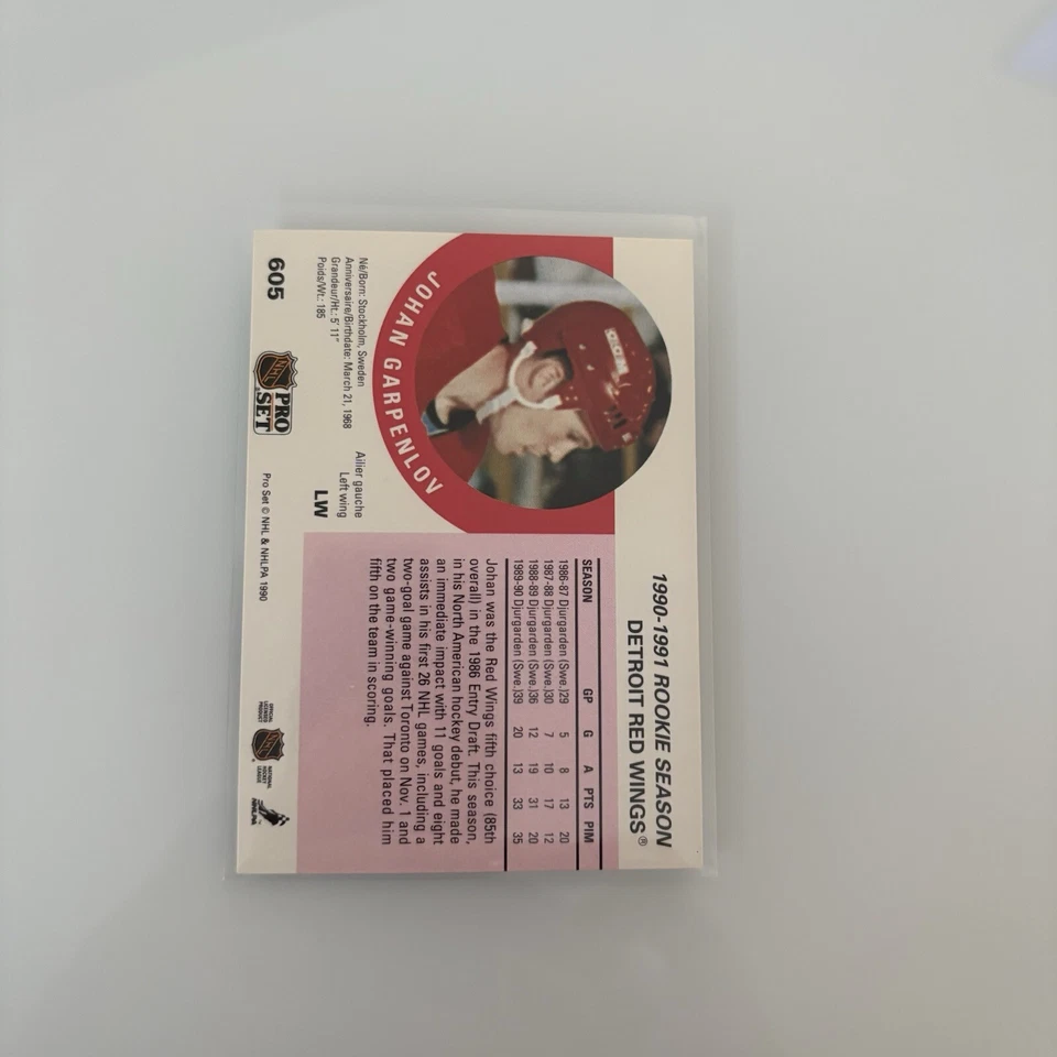 1990-91 Pro Set Johan Garpenlov #605 Rookie RC Detroit Red Wings Hockey Card - Image 2 of 2