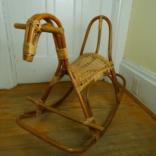 Vintage Franco Albini Wicker Bamboo Rattan MCM Child Kids Rocking Horse Toy