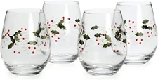 Winterberry Stemless Wine Glasses - Set of 4, Elegant Holiday Design Glassware